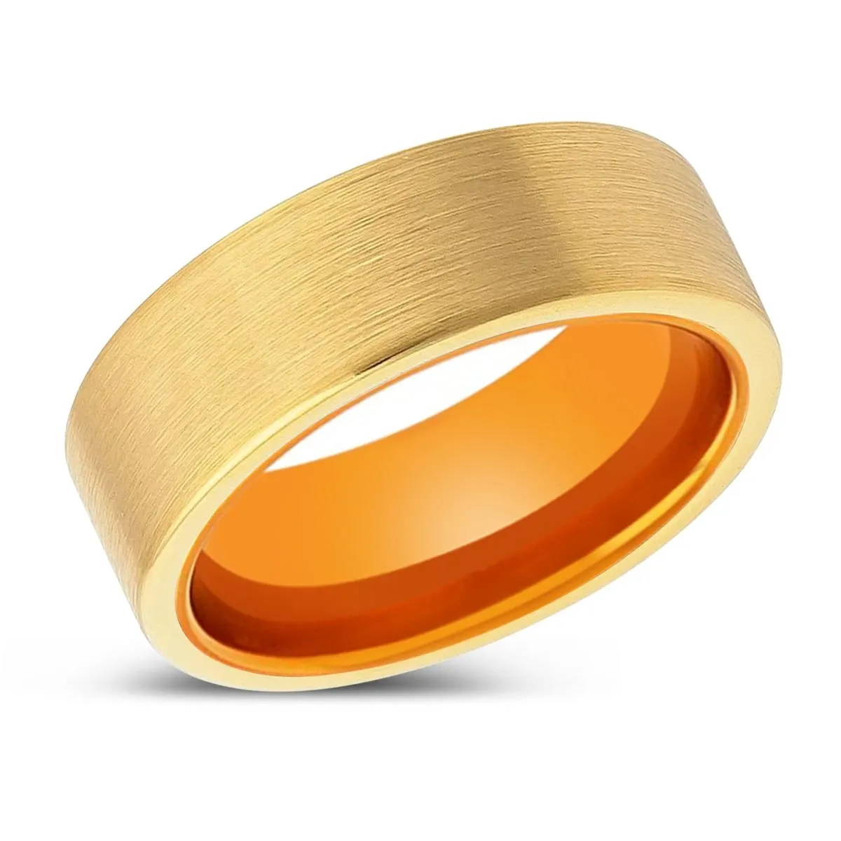 CAERLEON | Orange Ring, Gold Tungsten Ring, Brushed, Flat