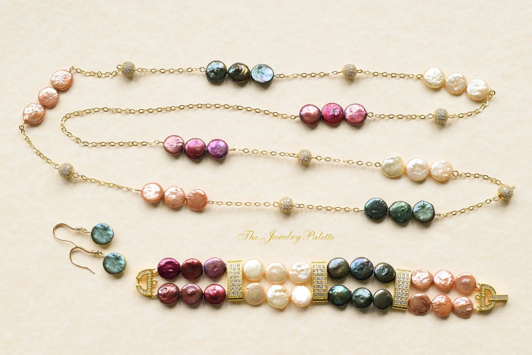 Carmen multicolor coin pearls and gold two tier bracelet