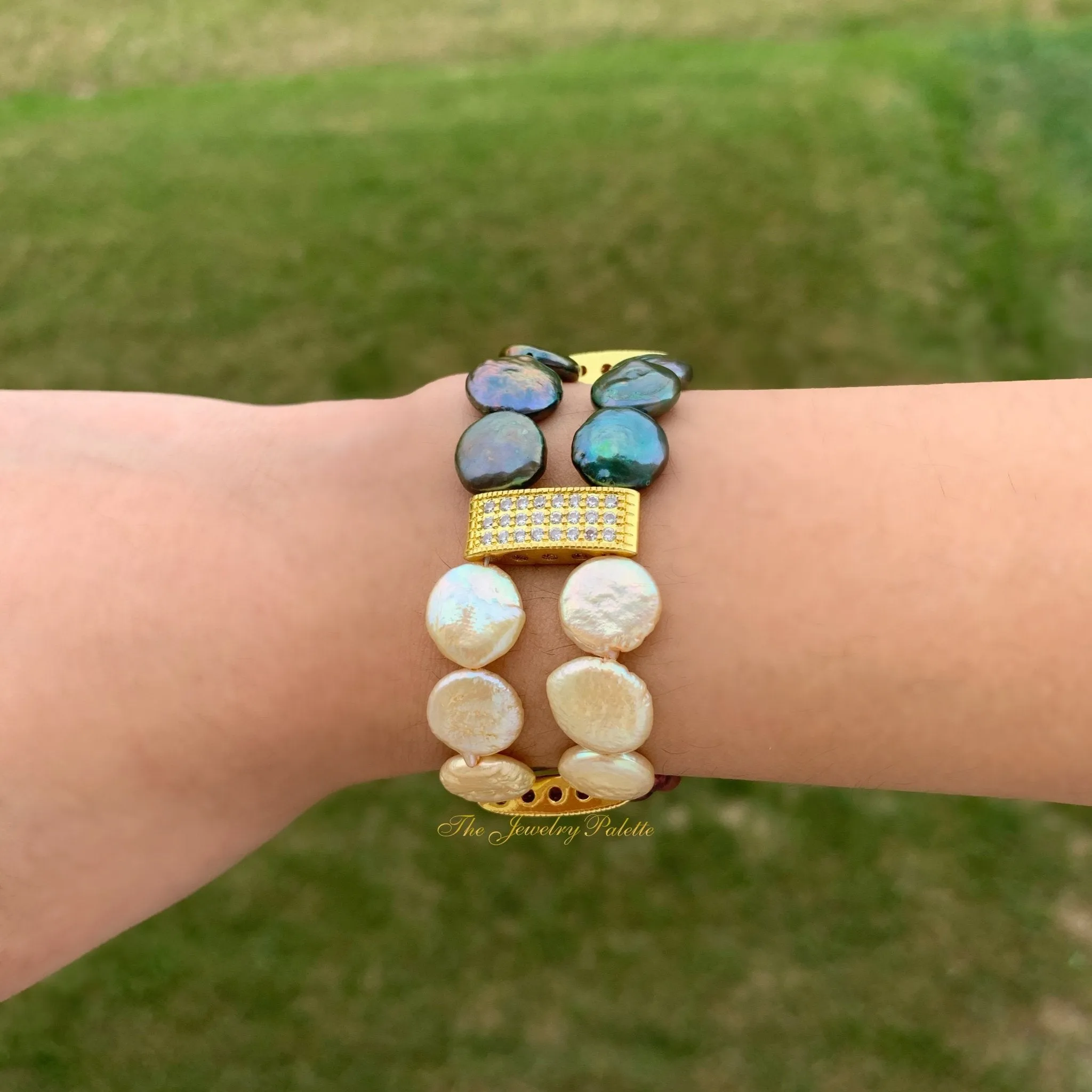 Carmen multicolor coin pearls and gold two tier bracelet