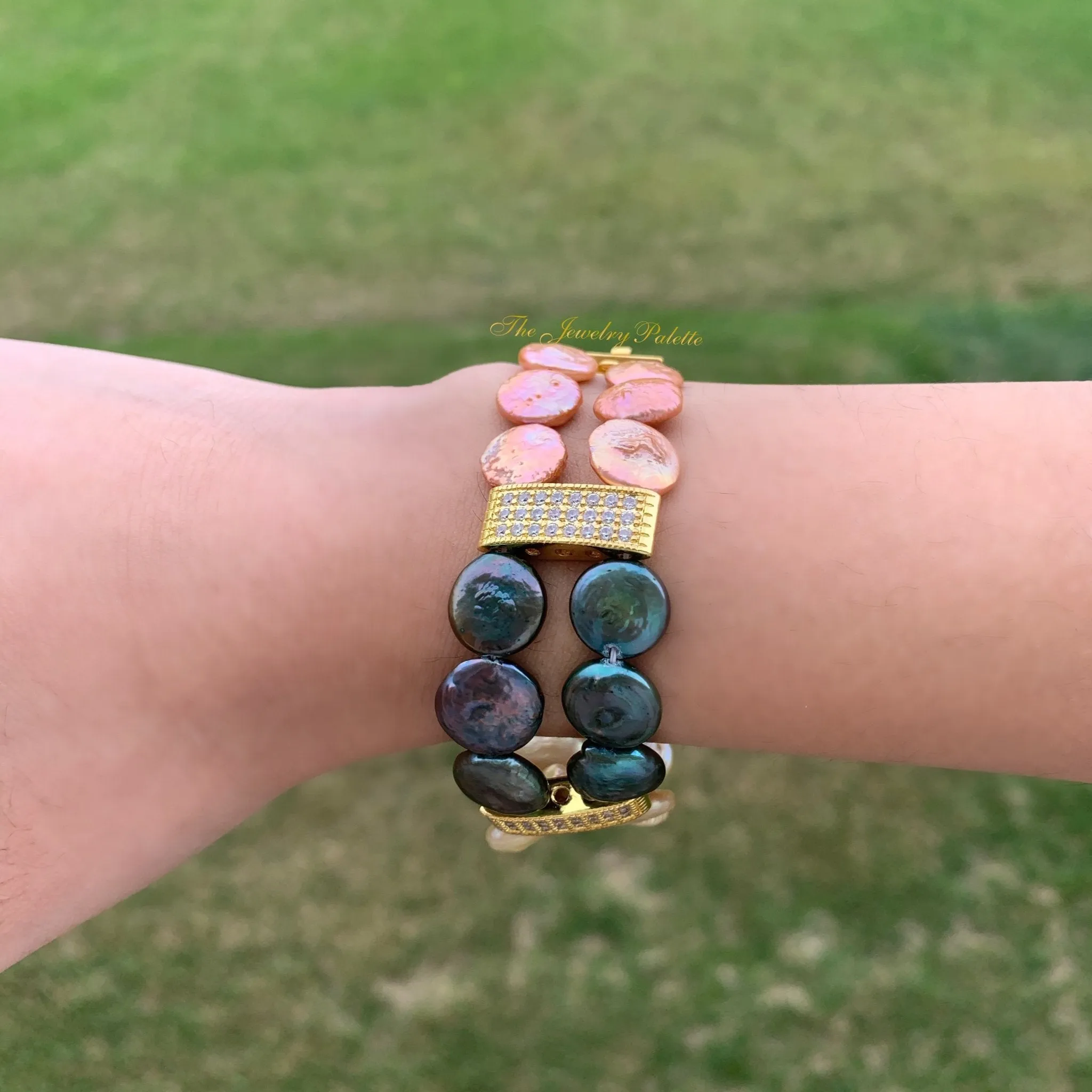 Carmen multicolor coin pearls and gold two tier bracelet