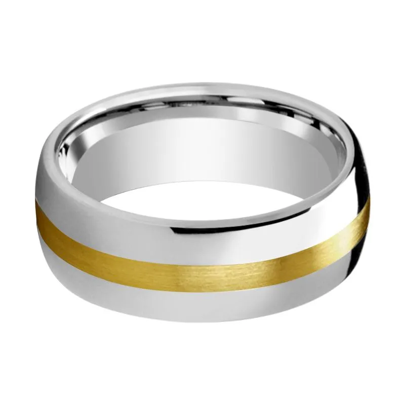 CENTURION | Silver Tungsten Ring, 14k Yellow Gold Stripe Inlay, Domed