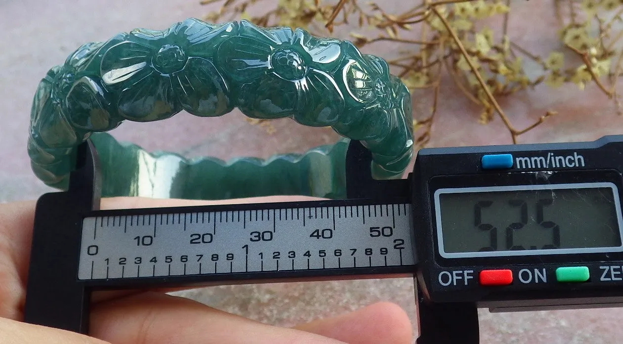 Certified Hand Carved Blue Water Green Natural Myanmar Burma A JADE Jadeite Rose Flower Circle Bangle Bracelet 53mm