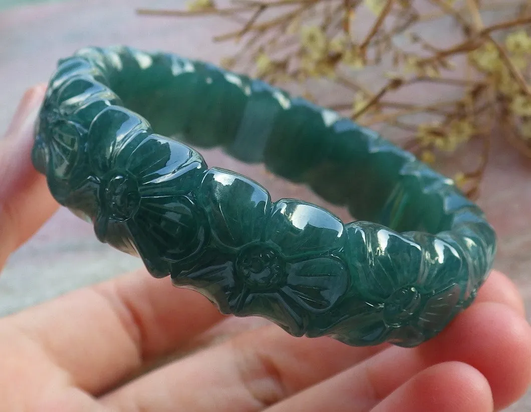Certified Hand Carved Blue Water Green Natural Myanmar Burma A JADE Jadeite Rose Flower Circle Bangle Bracelet 53mm
