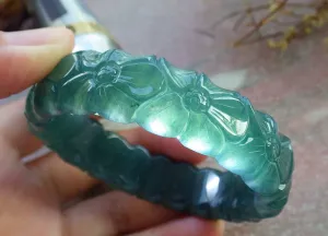 Certified Hand Carved Blue Water Green Natural Myanmar Burma A JADE Jadeite Rose Flower Circle Bangle Bracelet 53mm