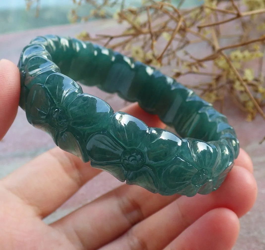 Certified Hand Carved Blue Water Green Natural Myanmar Burma A JADE Jadeite Rose Flower Circle Bangle Bracelet 53mm