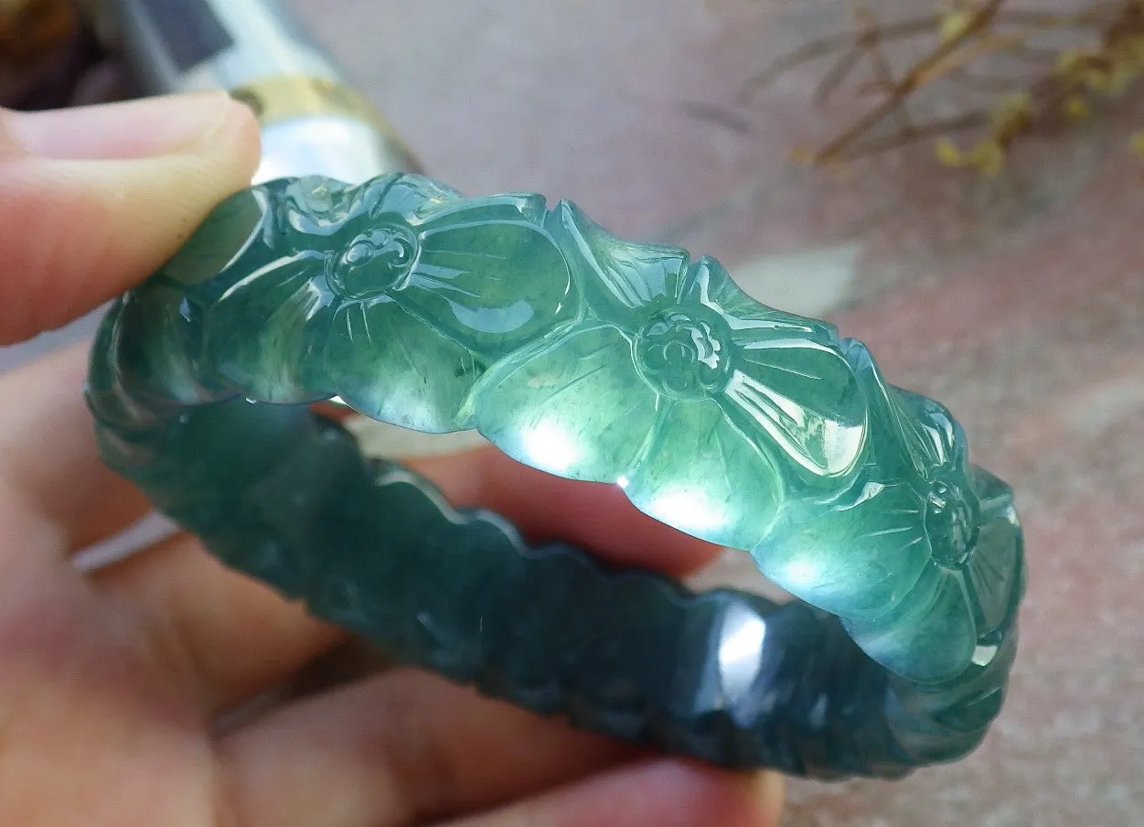 Certified Hand Carved Blue Water Green Natural Myanmar Burma A JADE Jadeite Rose Flower Circle Bangle Bracelet 53mm