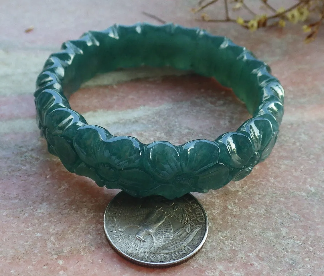 Certified Hand Carved Blue Water Green Natural Myanmar Burma A JADE Jadeite Rose Flower Circle Bangle Bracelet 53mm