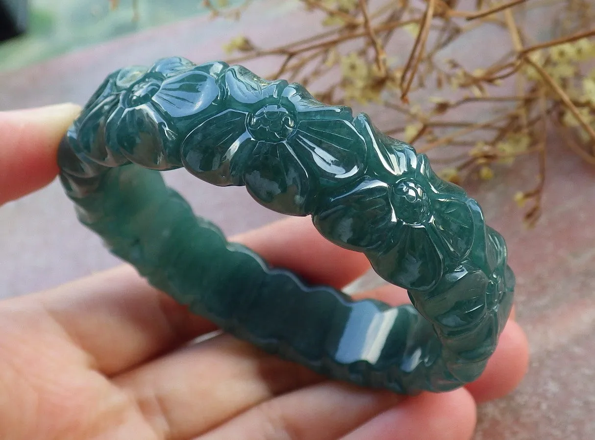 Certified Hand Carved Blue Water Green Natural Myanmar Burma A JADE Jadeite Rose Flower Circle Bangle Bracelet 53mm