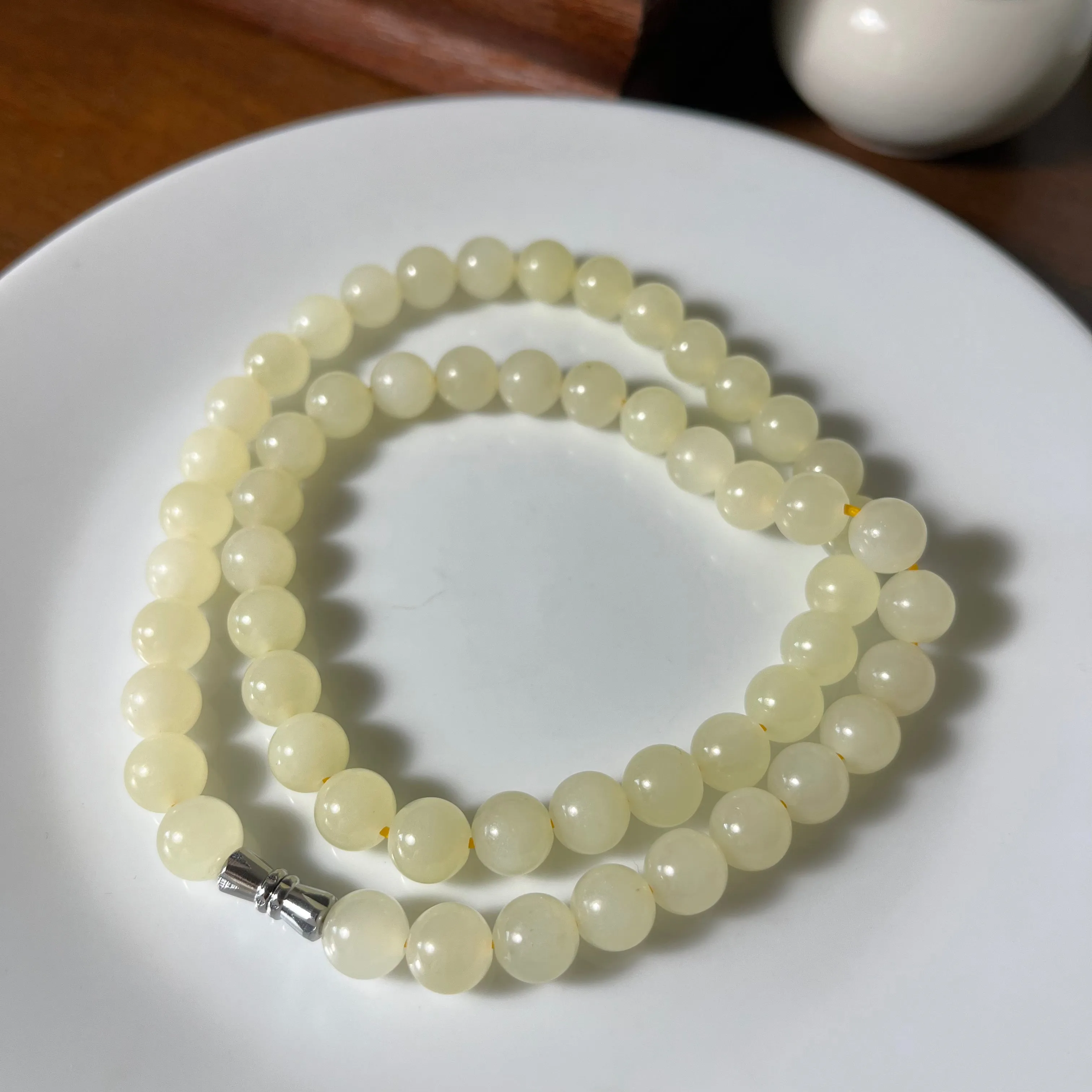 Certified light yellow Hetian Jade nephrite Jade Necklace 8mm beads 18 inches length