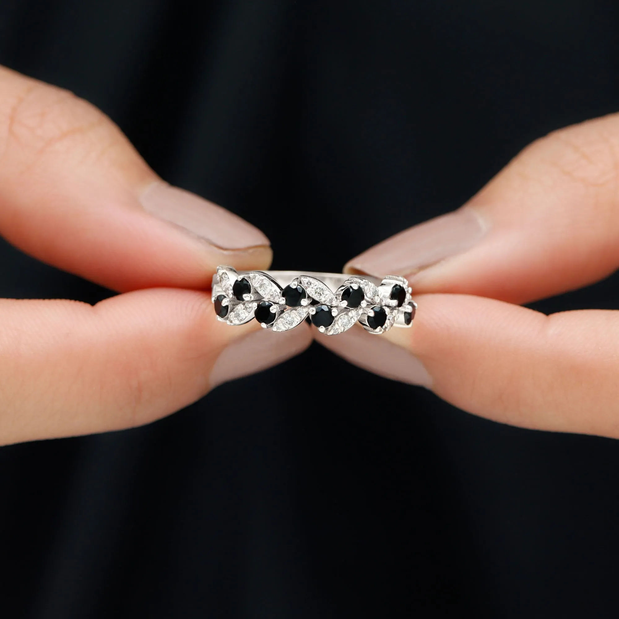 Created Black Diamond and Diamond Leaf Eternity Ring