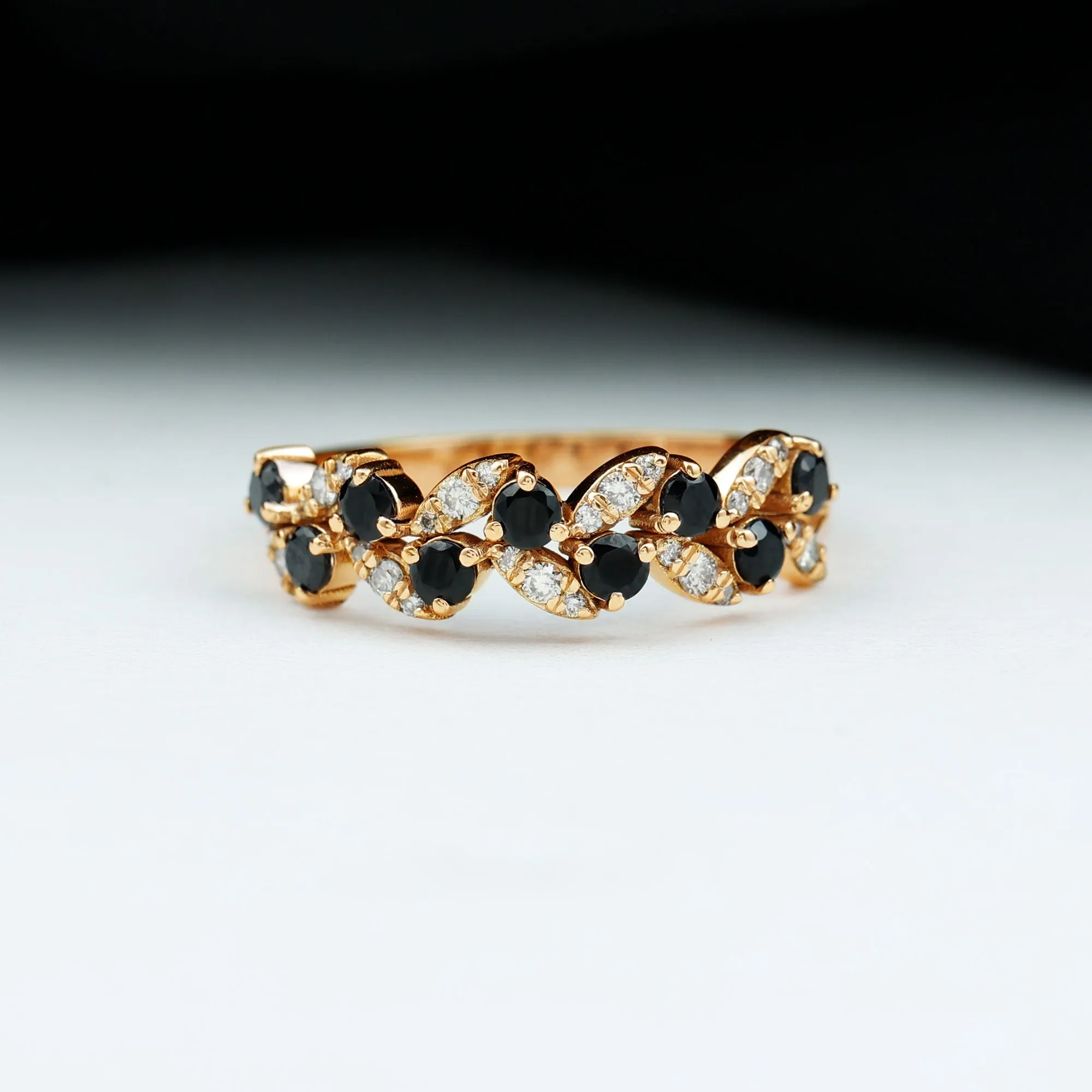 Created Black Diamond and Diamond Leaf Eternity Ring