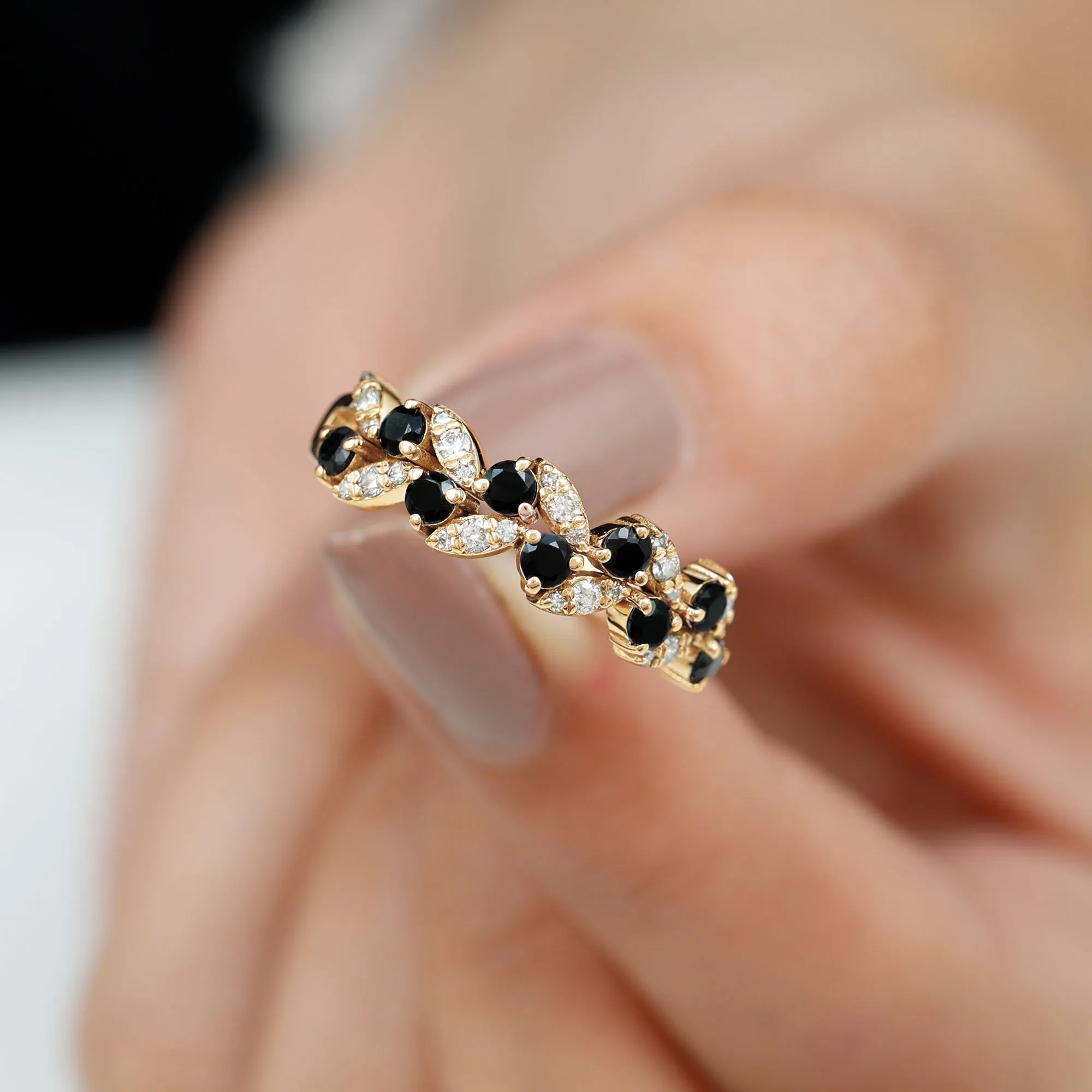 Created Black Diamond and Diamond Leaf Eternity Ring