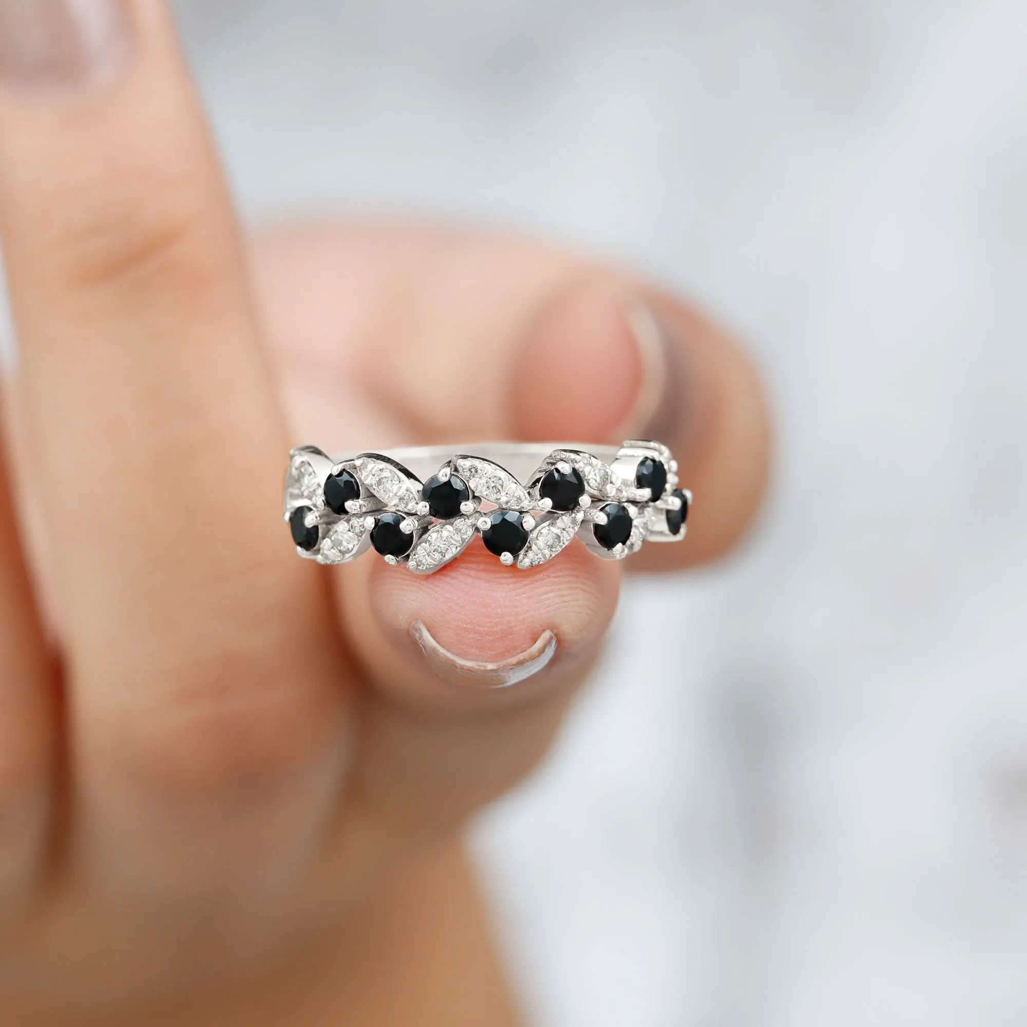 Created Black Diamond and Diamond Leaf Eternity Ring