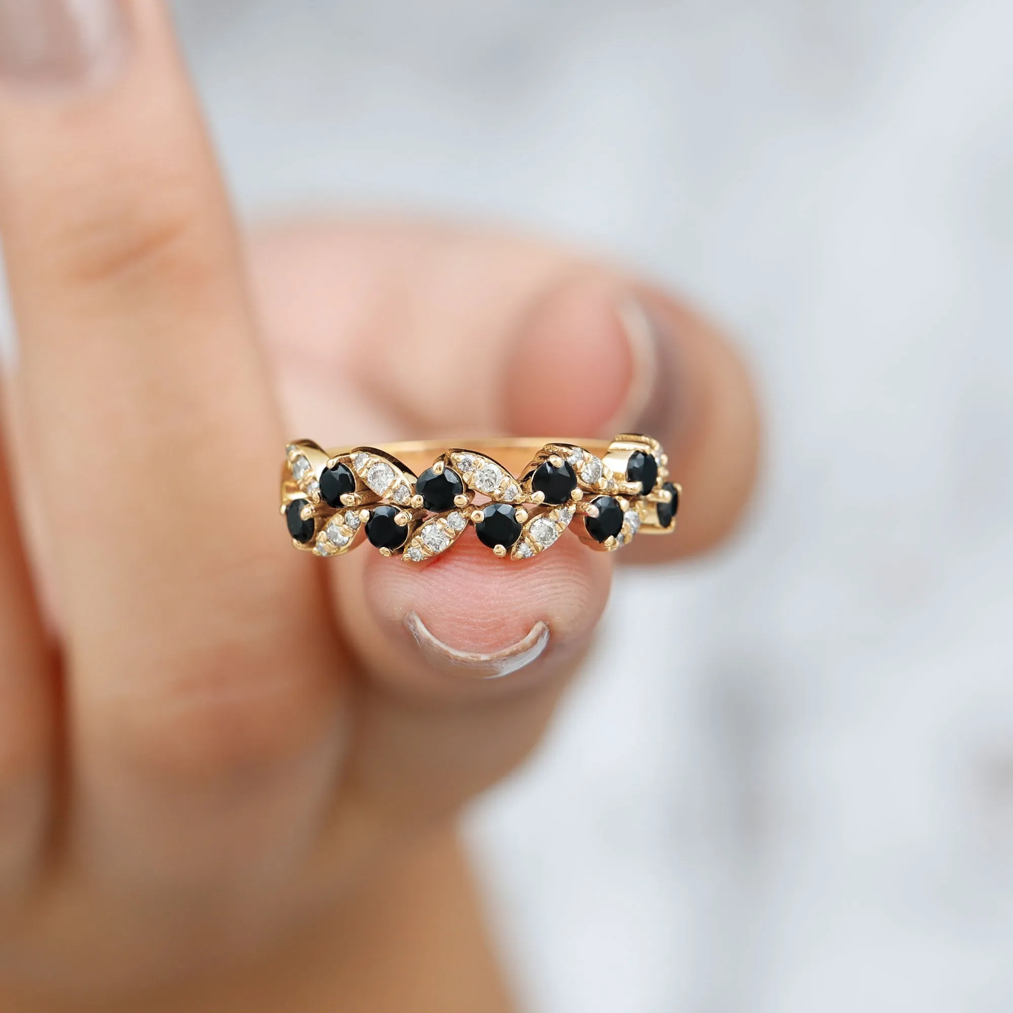Created Black Diamond and Diamond Leaf Eternity Ring