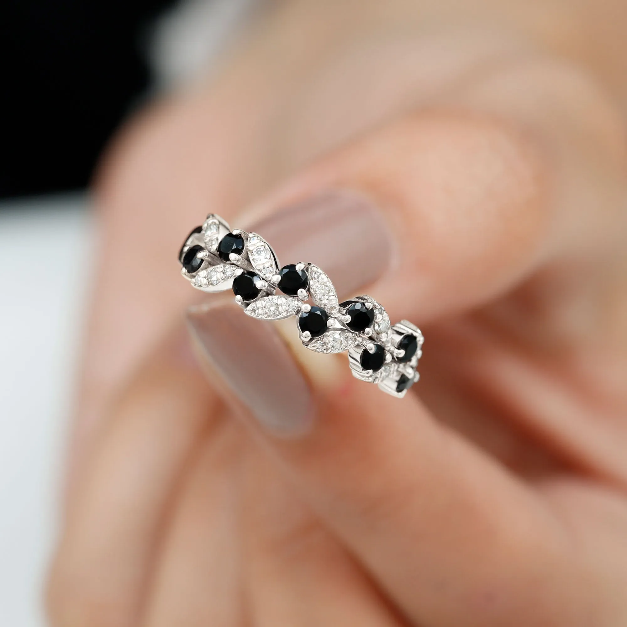 Created Black Diamond and Diamond Leaf Eternity Ring