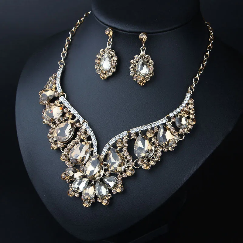 Crystal Prom Wedding Jewelry Sets for Women Accessorie Water Droplets Necklace Earrings Bridal Jewelry Set