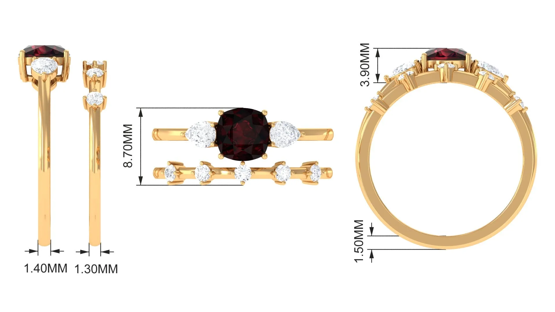 Cushion Cut Real Garnet Ring Set with Diamond
