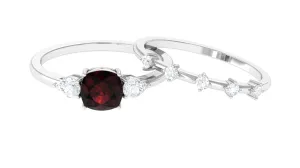 Cushion Cut Real Garnet Ring Set with Diamond