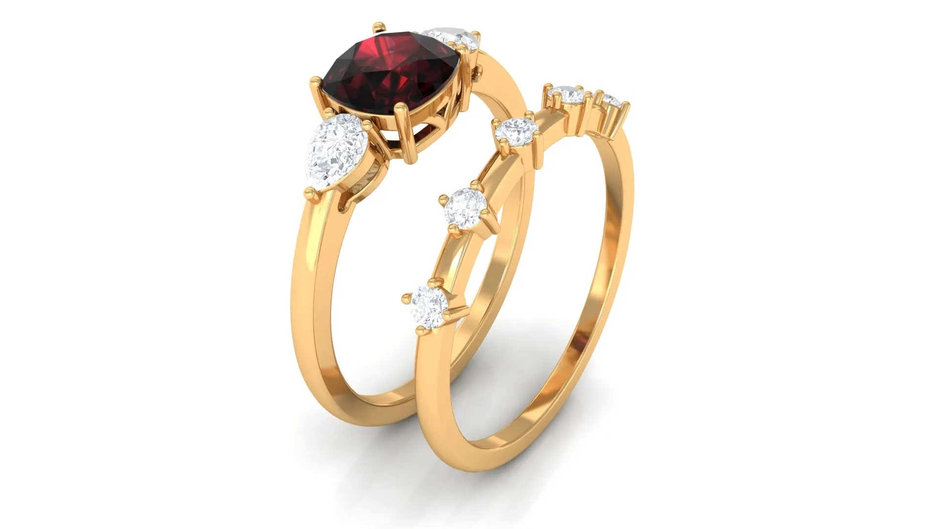 Cushion Cut Real Garnet Ring Set with Diamond