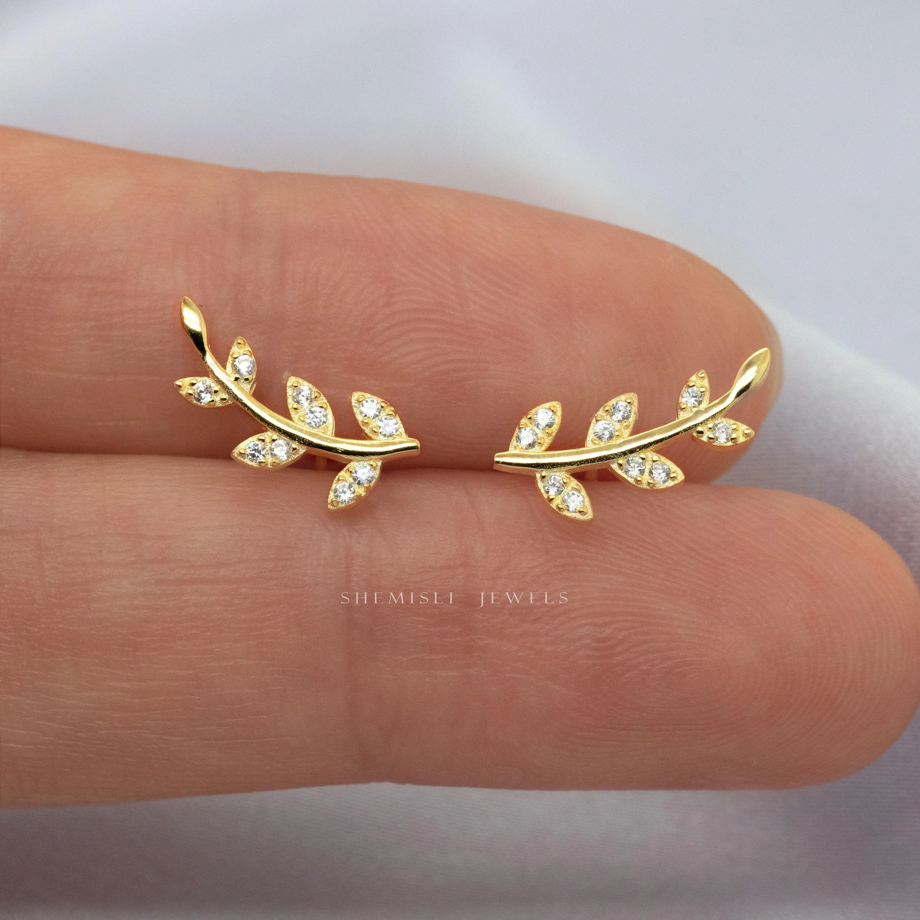 CZ Leaf Climber Earrings, Gold, Silver SHEMISLI - SS208 LR