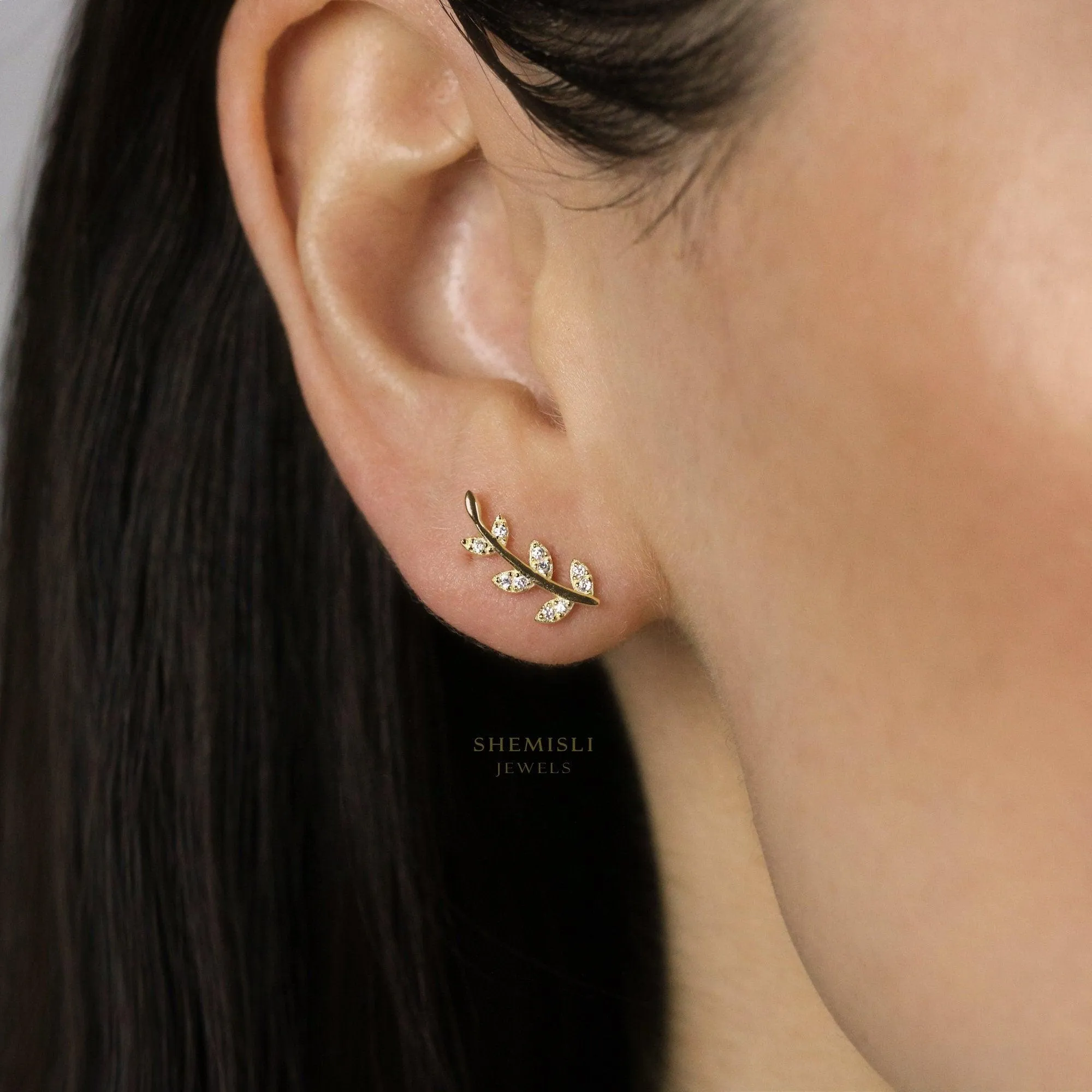 CZ Leaf Climber Earrings, Gold, Silver SHEMISLI - SS208 LR