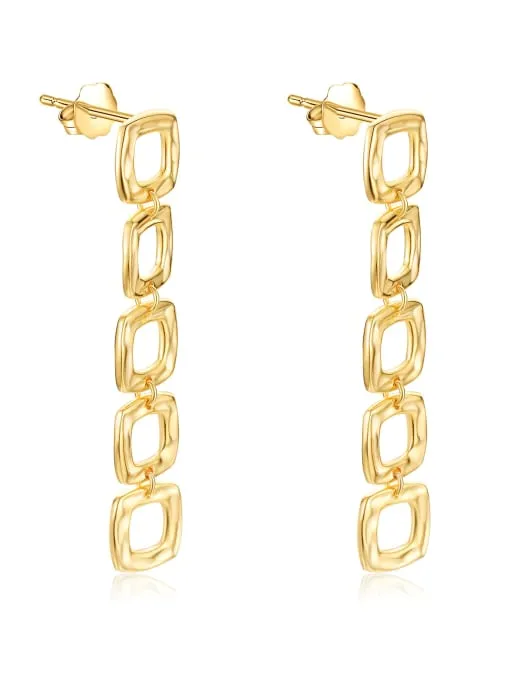 Dangle Squares Gold Earrings, 18k Gold Plated .925 Sterling Silver Hypoallergenic Long Earrings