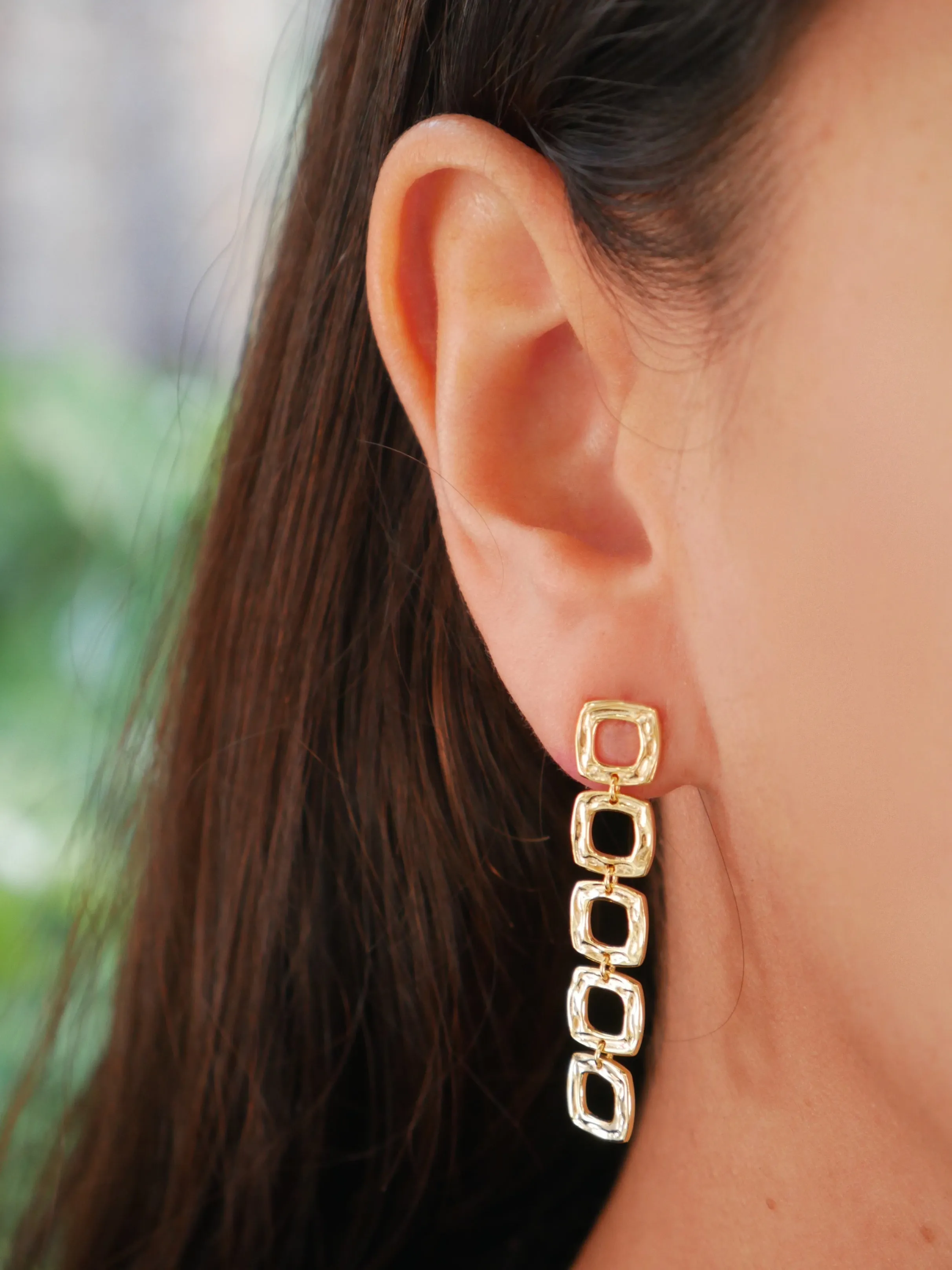 Dangle Squares Gold Earrings, 18k Gold Plated .925 Sterling Silver Hypoallergenic Long Earrings