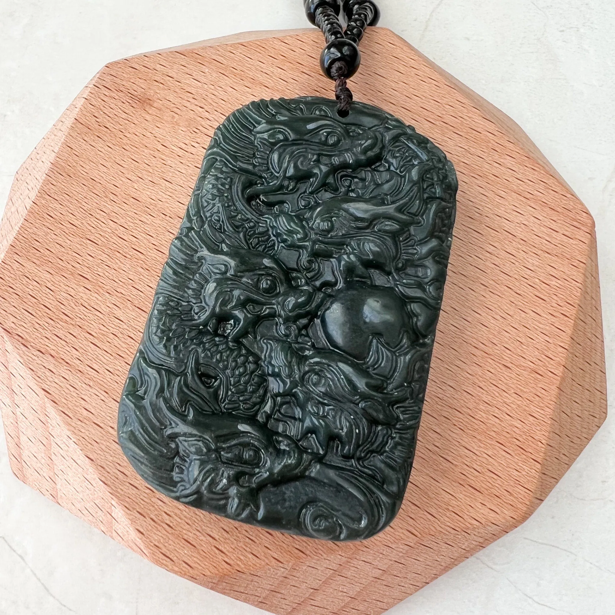 Dark Green, Black, Nephrite Jade Dragon Hand Carved Necklace, YZ-1221-1648247276