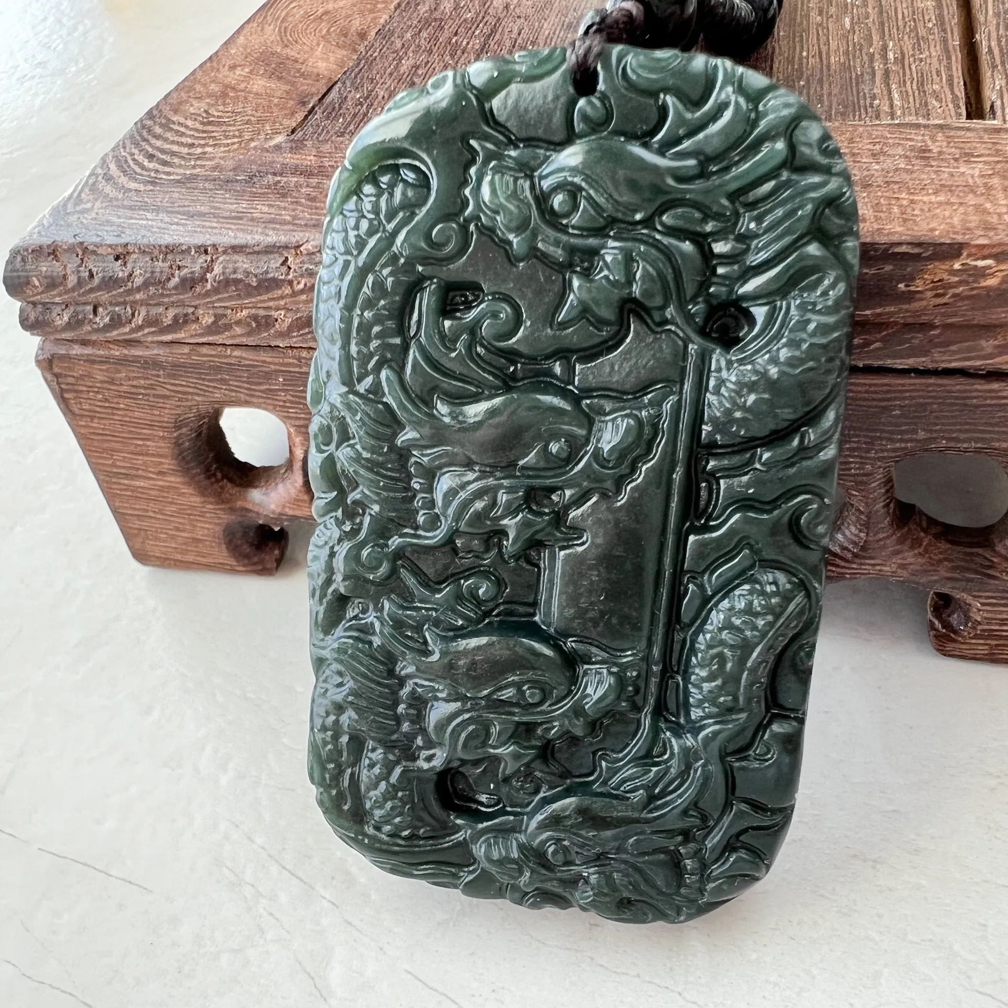 Dark Green, Black, Nephrite Jade Dragon Hand Carved Necklace, YZ-1221-1648247276