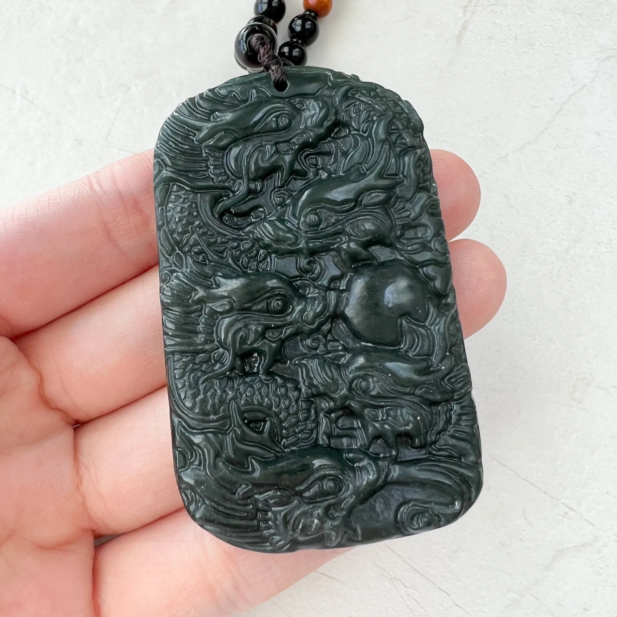 Dark Green, Black, Nephrite Jade Dragon Hand Carved Necklace, YZ-1221-1648247276