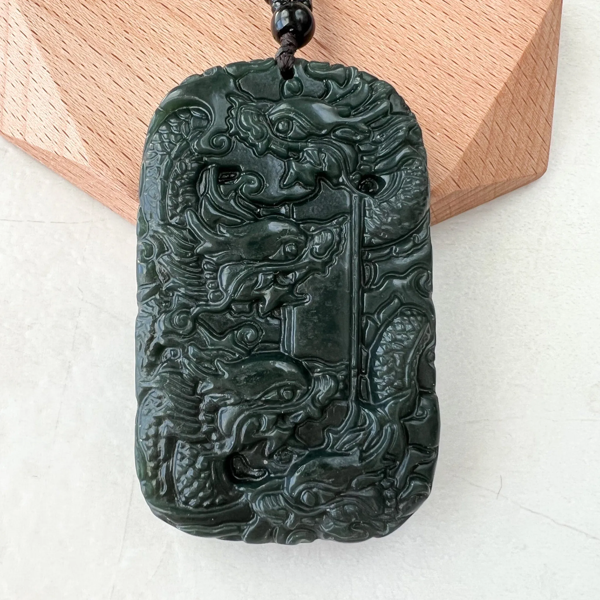 Dark Green, Black, Nephrite Jade Dragon Hand Carved Necklace, YZ-1221-1648247276