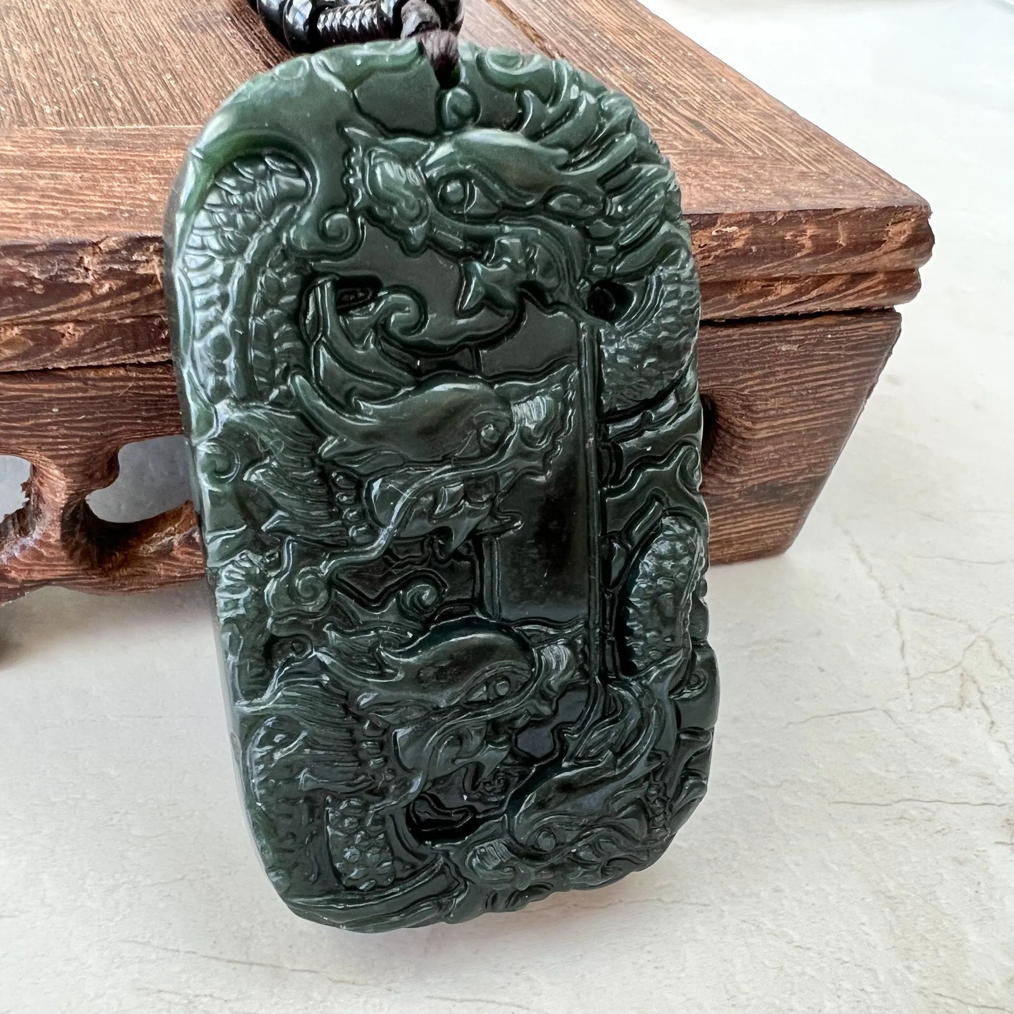 Dark Green, Black, Nephrite Jade Dragon Hand Carved Necklace, YZ-1221-1648247276