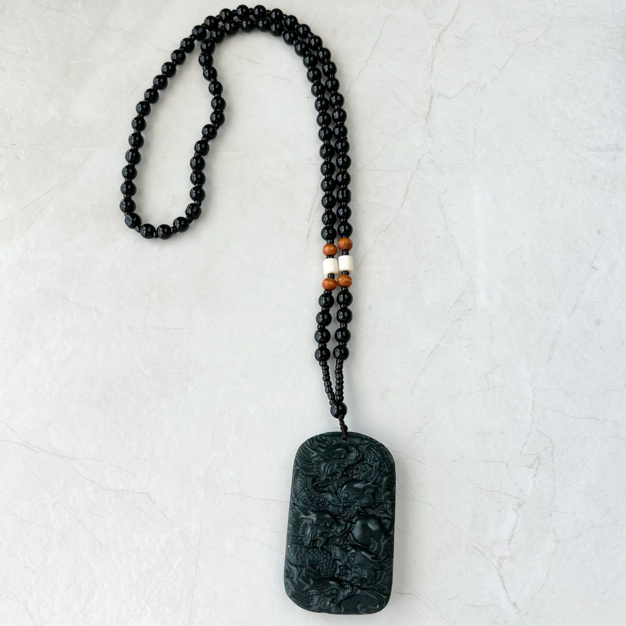 Dark Green, Black, Nephrite Jade Dragon Hand Carved Necklace, YZ-1221-1648247276