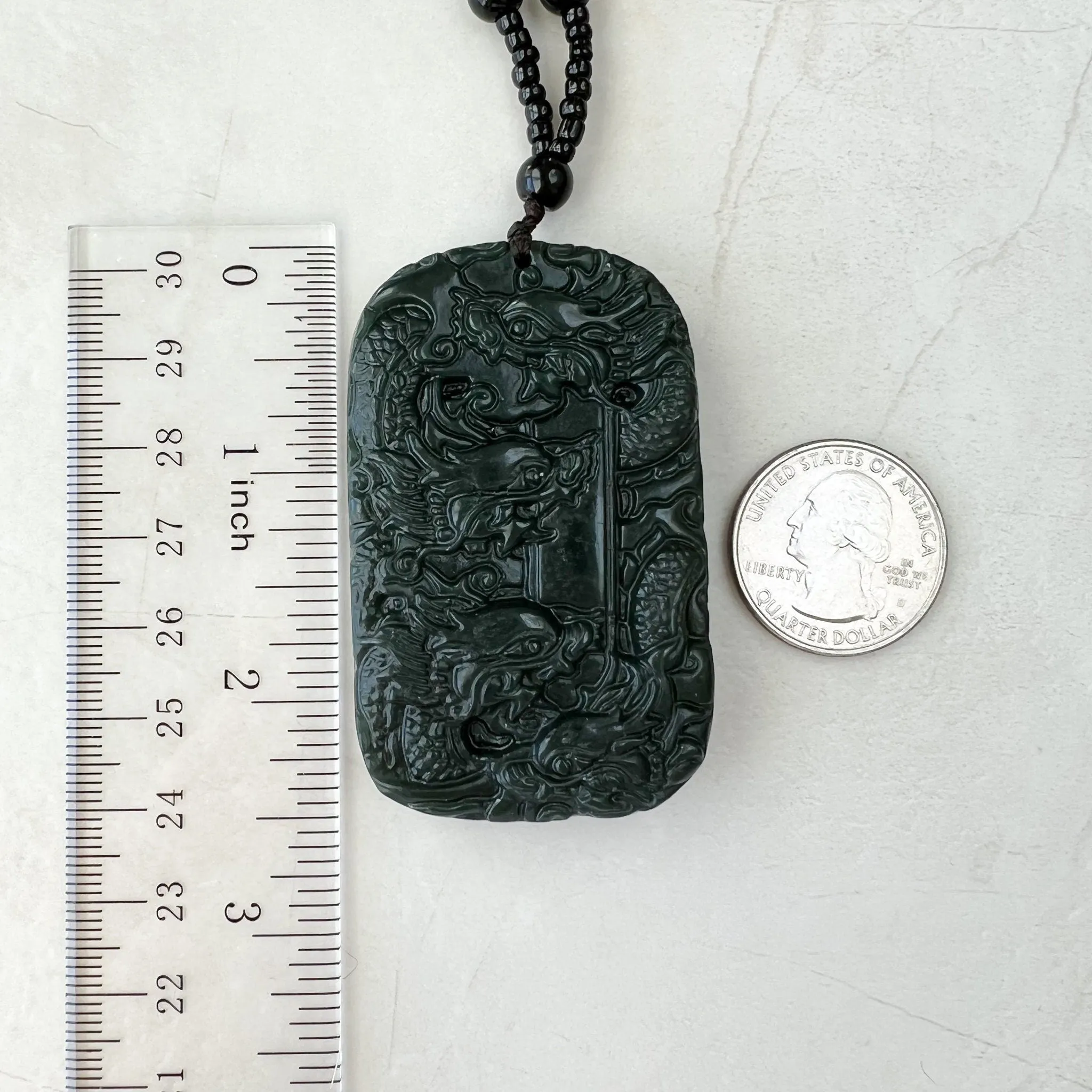 Dark Green, Black, Nephrite Jade Dragon Hand Carved Necklace, YZ-1221-1648247276