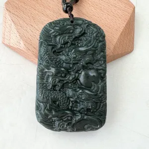 Dark Green, Black, Nephrite Jade Dragon Hand Carved Necklace, YZ-1221-1648247276