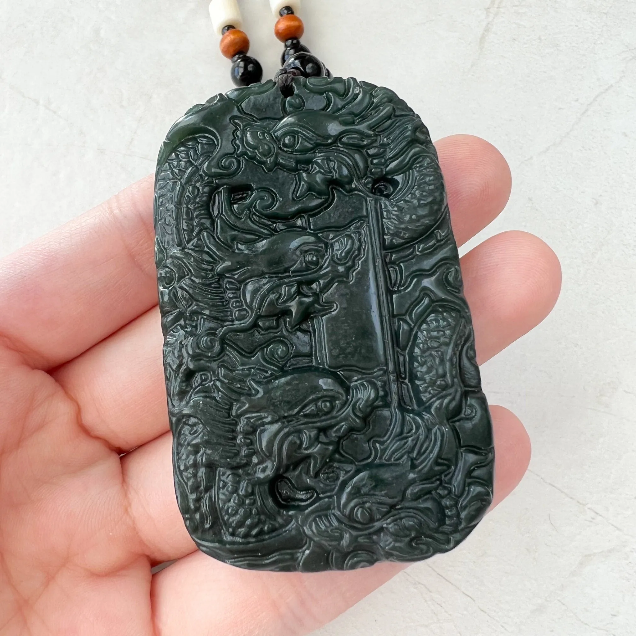Dark Green, Black, Nephrite Jade Dragon Hand Carved Necklace, YZ-1221-1648247276