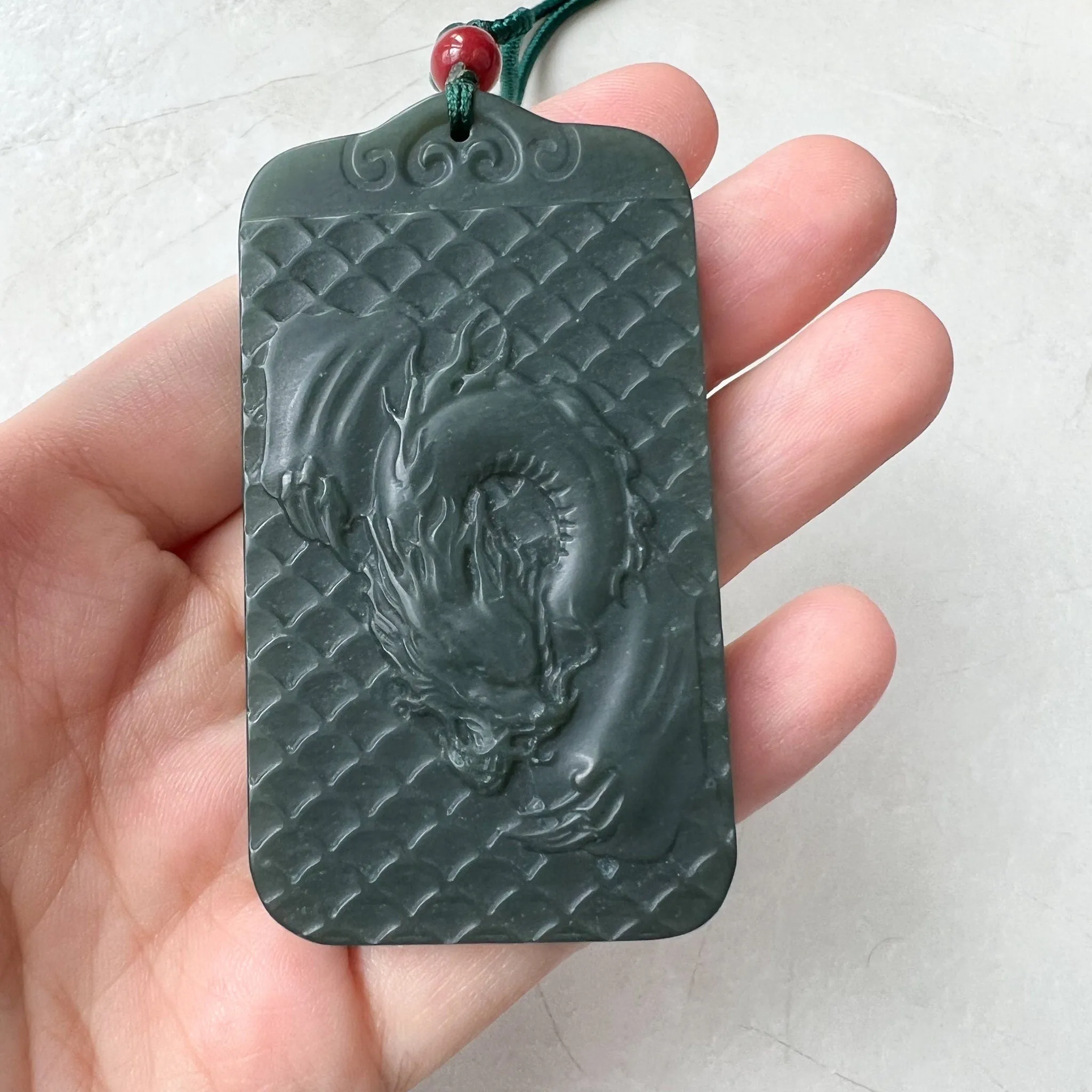 Dark Green, Nephrite Jade Dragon Zodiac Hand Carved Necklace, RLXE-1221-0076837