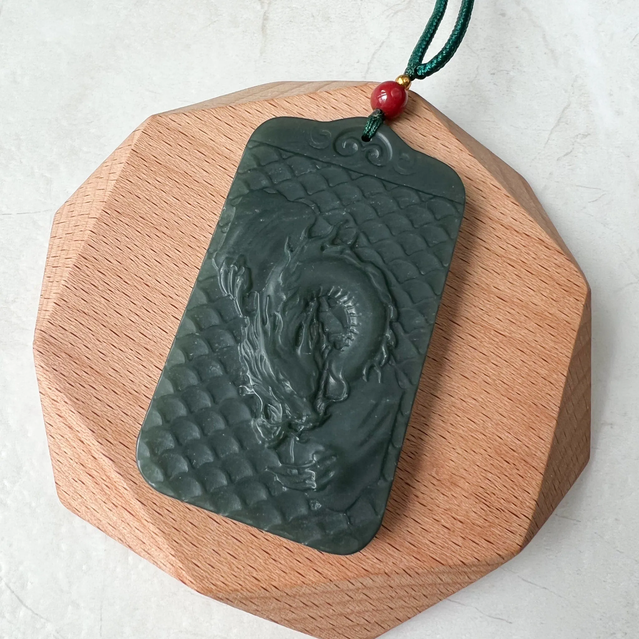 Dark Green, Nephrite Jade Dragon Zodiac Hand Carved Necklace, RLXE-1221-0076837