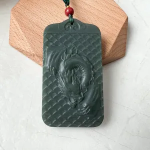 Dark Green, Nephrite Jade Dragon Zodiac Hand Carved Necklace, RLXE-1221-0076837