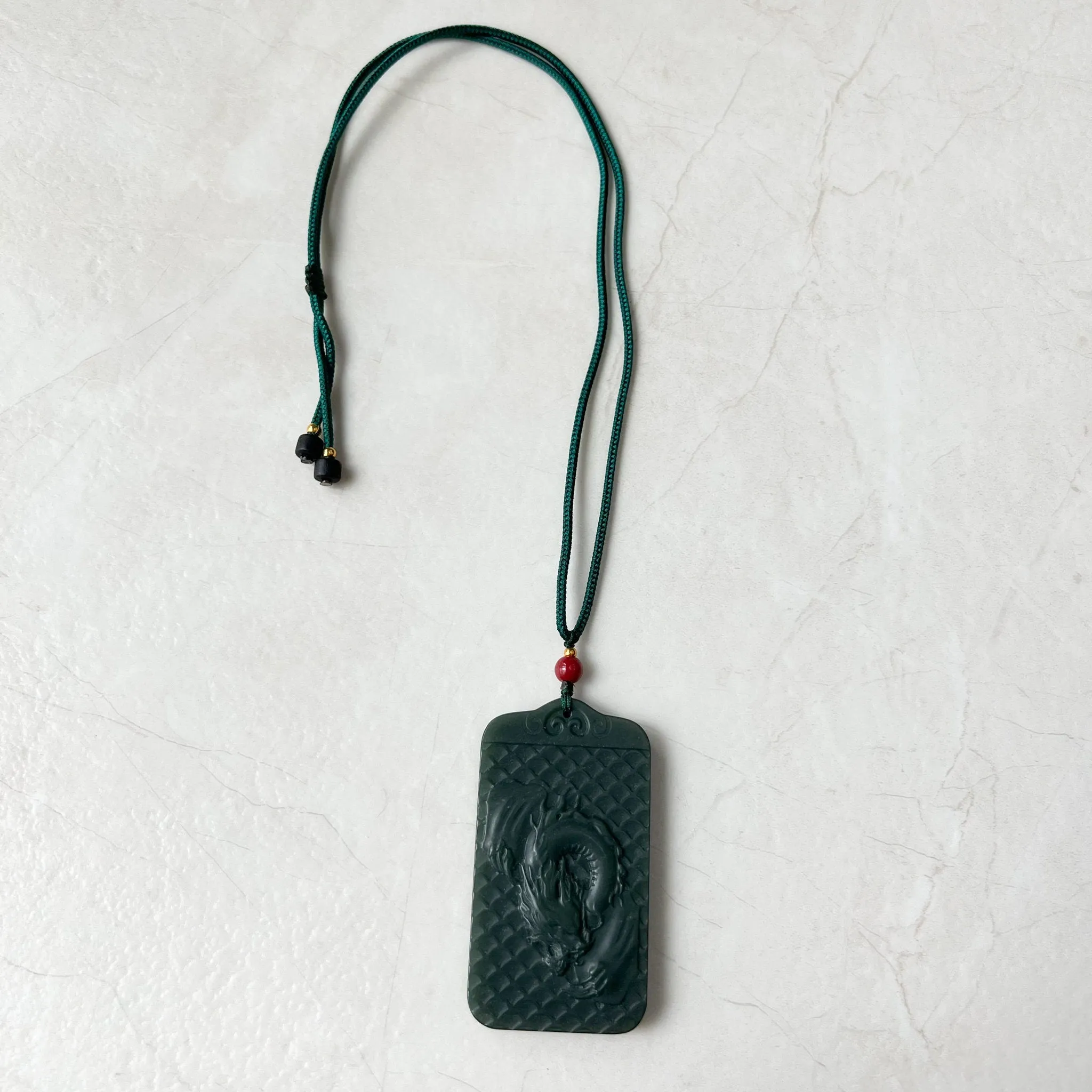 Dark Green, Nephrite Jade Dragon Zodiac Hand Carved Necklace, RLXE-1221-0076837