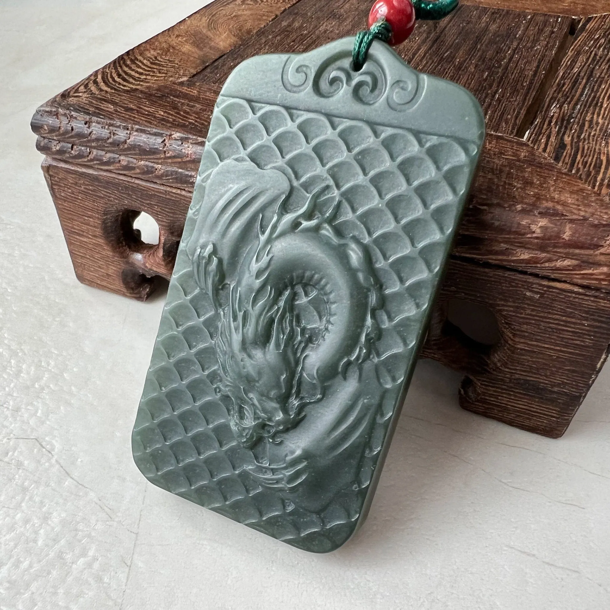 Dark Green, Nephrite Jade Dragon Zodiac Hand Carved Necklace, RLXE-1221-0076837