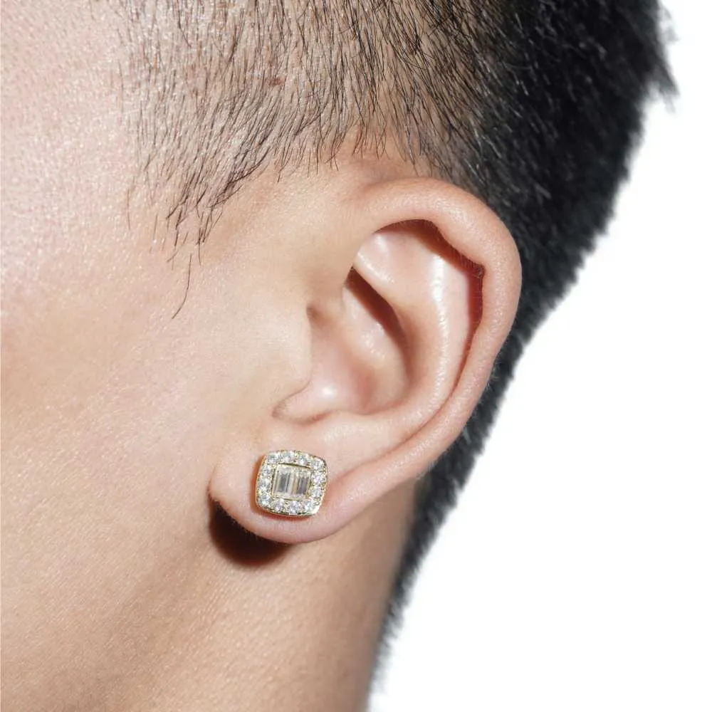 Double Baguette Halo Moissanite Earrings 14K Gold