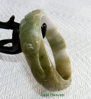 Dragon and Phoenix Bring Wealth" Mossy Green and White Carved Jadeite Jade Bangle 58mm (JHBB605)