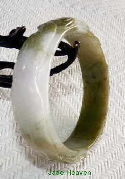 Dragon and Phoenix Bring Wealth" Mossy Green and White Carved Jadeite Jade Bangle 58mm (JHBB605)