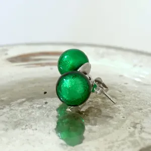 Earrings with dark green (emerald) Murano glass sphere studs on surgical steel posts