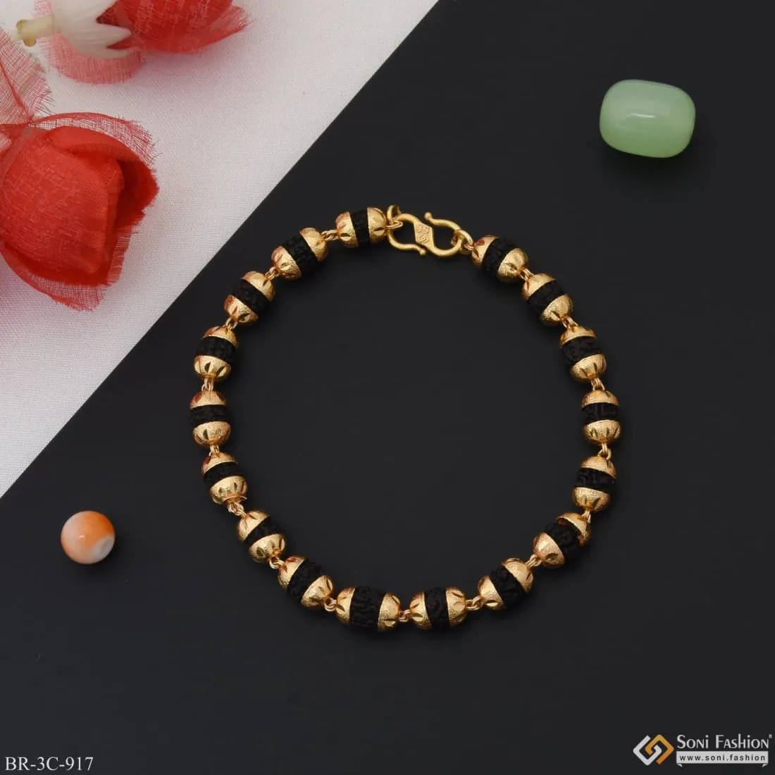 Etched Design High-Quality Gold Plated Rudraksha Bracelet for Men - Style C917