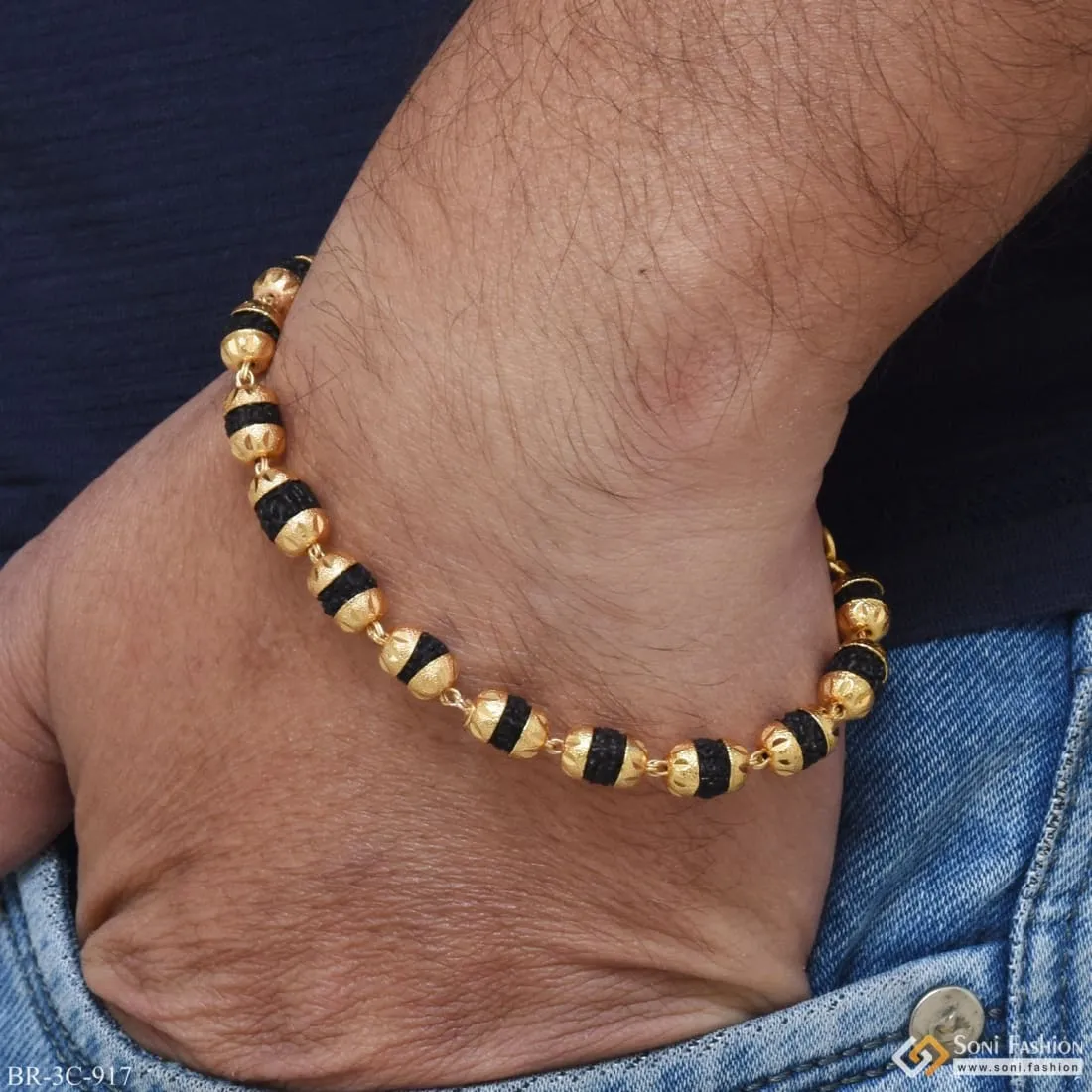 Etched Design High-Quality Gold Plated Rudraksha Bracelet for Men - Style C917