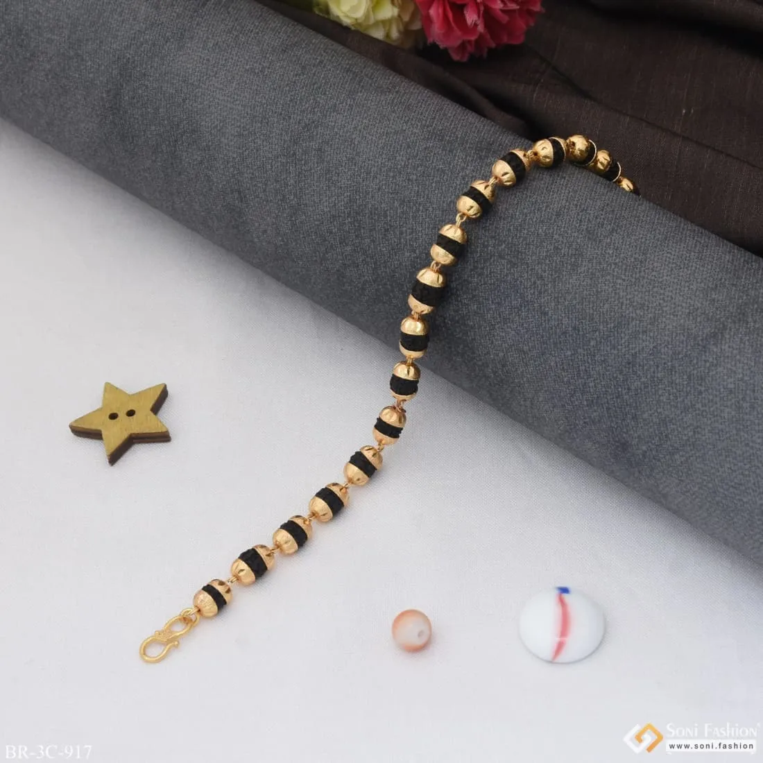 Etched Design High-Quality Gold Plated Rudraksha Bracelet for Men - Style C917