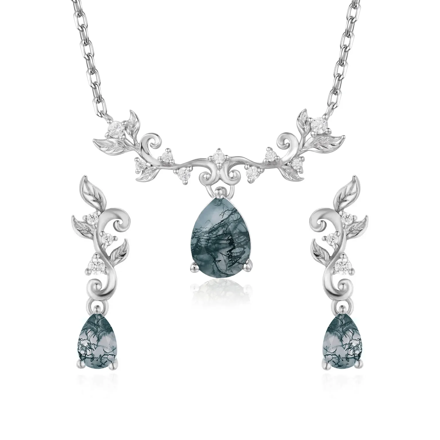 Foliage Whispers Necklace and Leafy Cascades Moss Agate Earrings Set