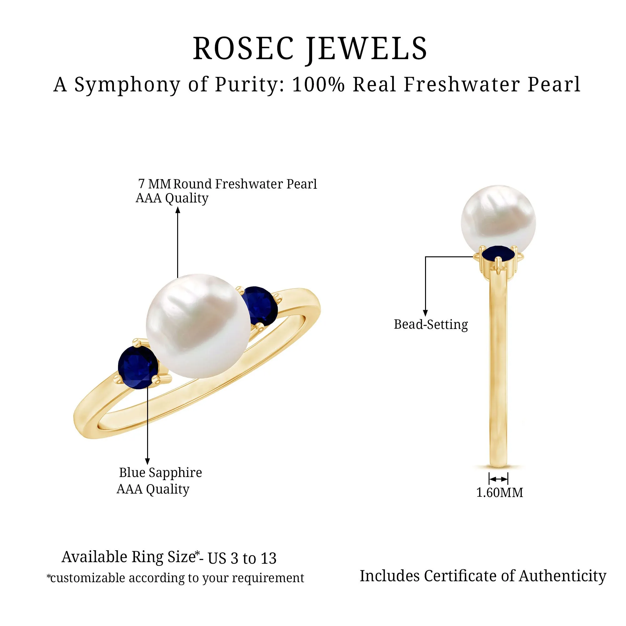 Freshwater Pearl Solitaire Engagement Ring with Blue Sapphire